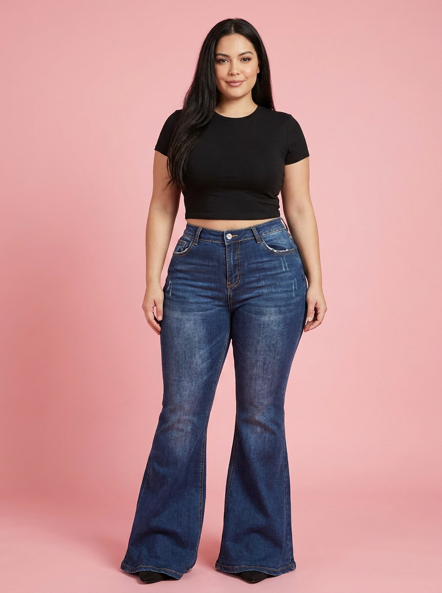 Sculpt Wide Leg BBL Jean in Dark blue, front view showing the wide flare