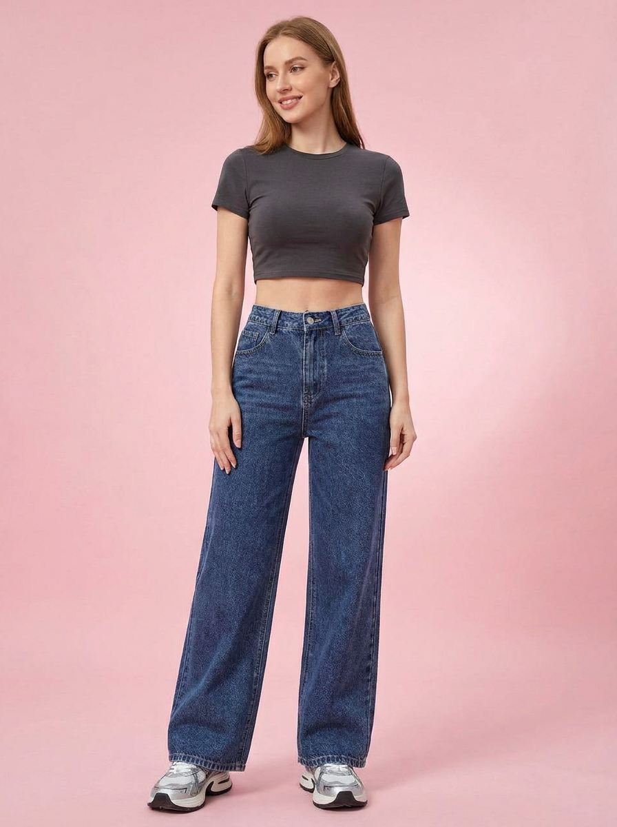 Sculpt Wide Leg BBL Jean in dark blue, front view, tall model