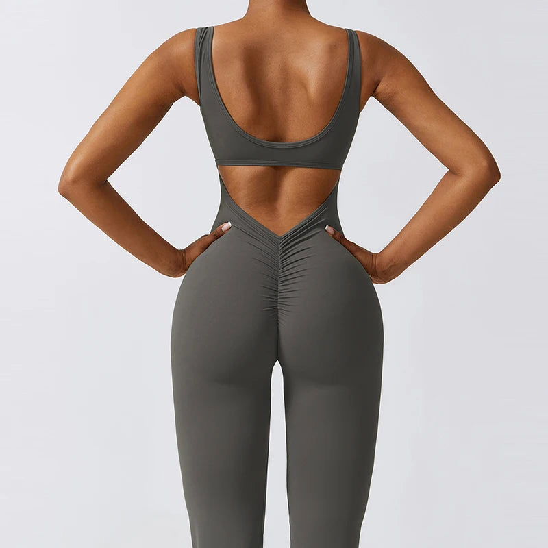 V Back Scrunch Gym Set Women Sport One-Piece Suit Yoga Suit Flared Pants Women Sports Jumpsuit Fitness Rompers Workout Bodysuits