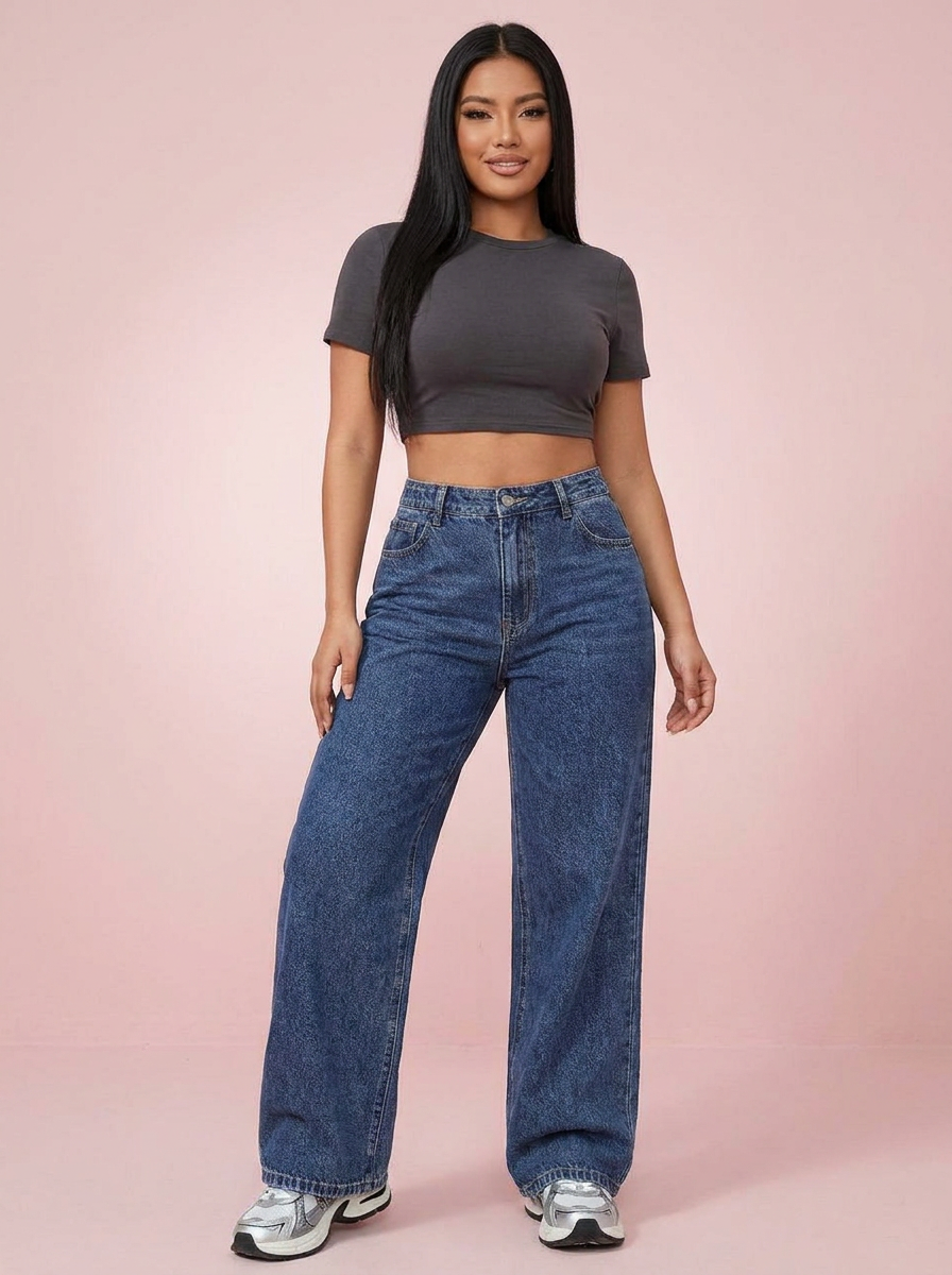 Sculpt Wide Leg BBL Jean in dark blue, front view, curvy model