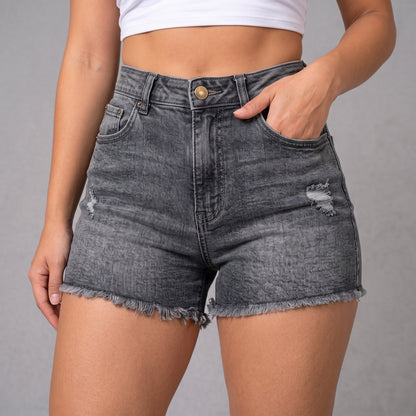 Sculpt Denim Shorts in grey, front view with hand in pocket