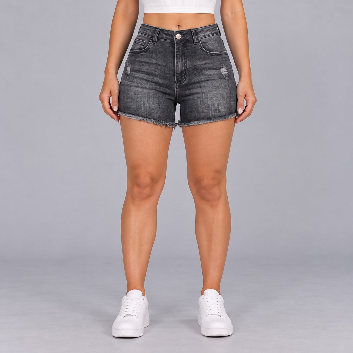 Sculpt Denim Shorts in grey, full front view