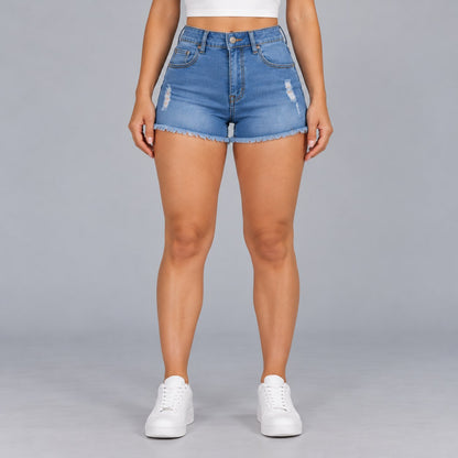 Sculpt Denim Shorts in mid blue, full front view