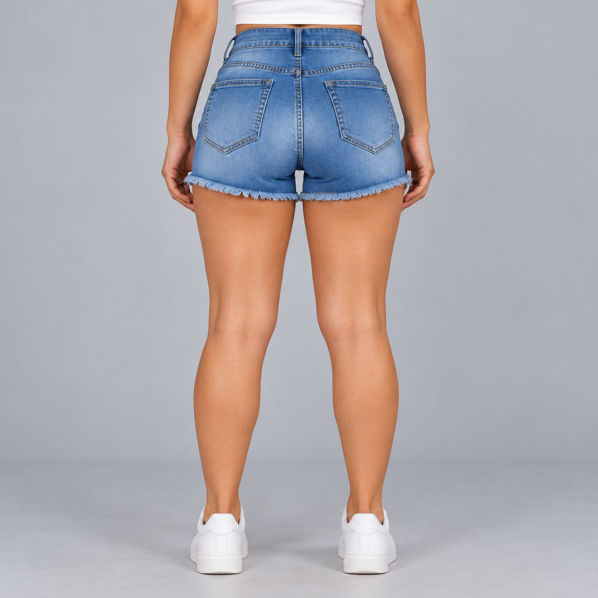Sculpt Denim Shorts in mid blue, full back view