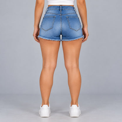 Sculpt Denim Shorts in mid blue, full back view