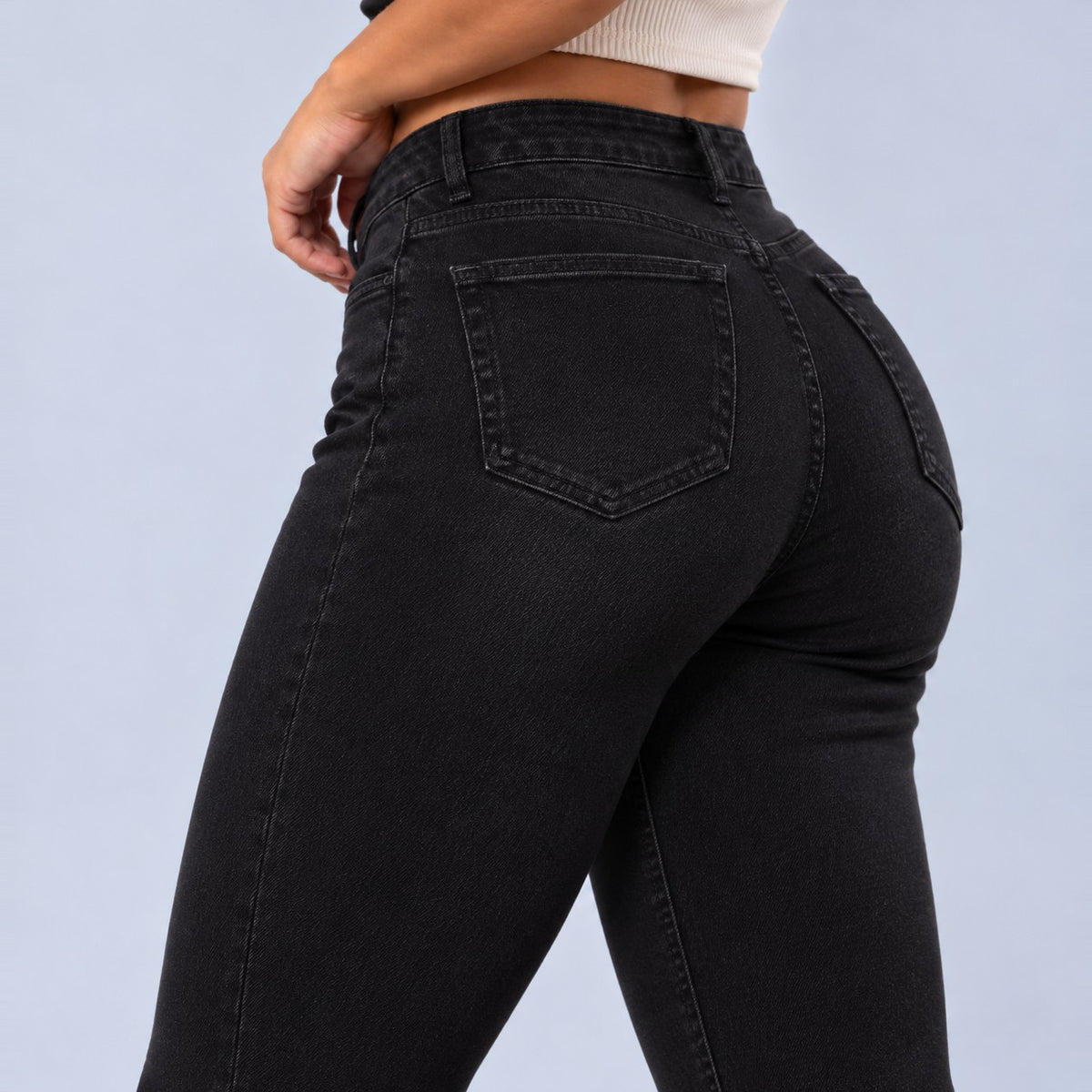 Sculpt Skinny BBL jean in black, three-quarter back close-up