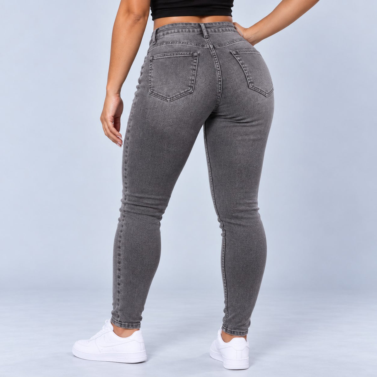Sculpt Skinny BBL jean in grey, back view, hand on hip
