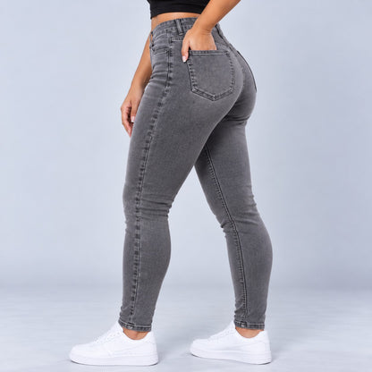 Sculpt Skinny BBL jean in grey, side view, hand in pocket