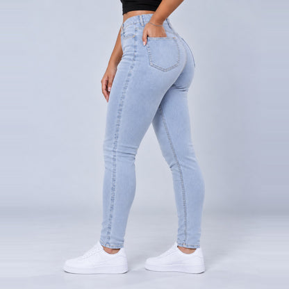Sculpt Skinny BBL jean in light blue, side view, hand in pocket