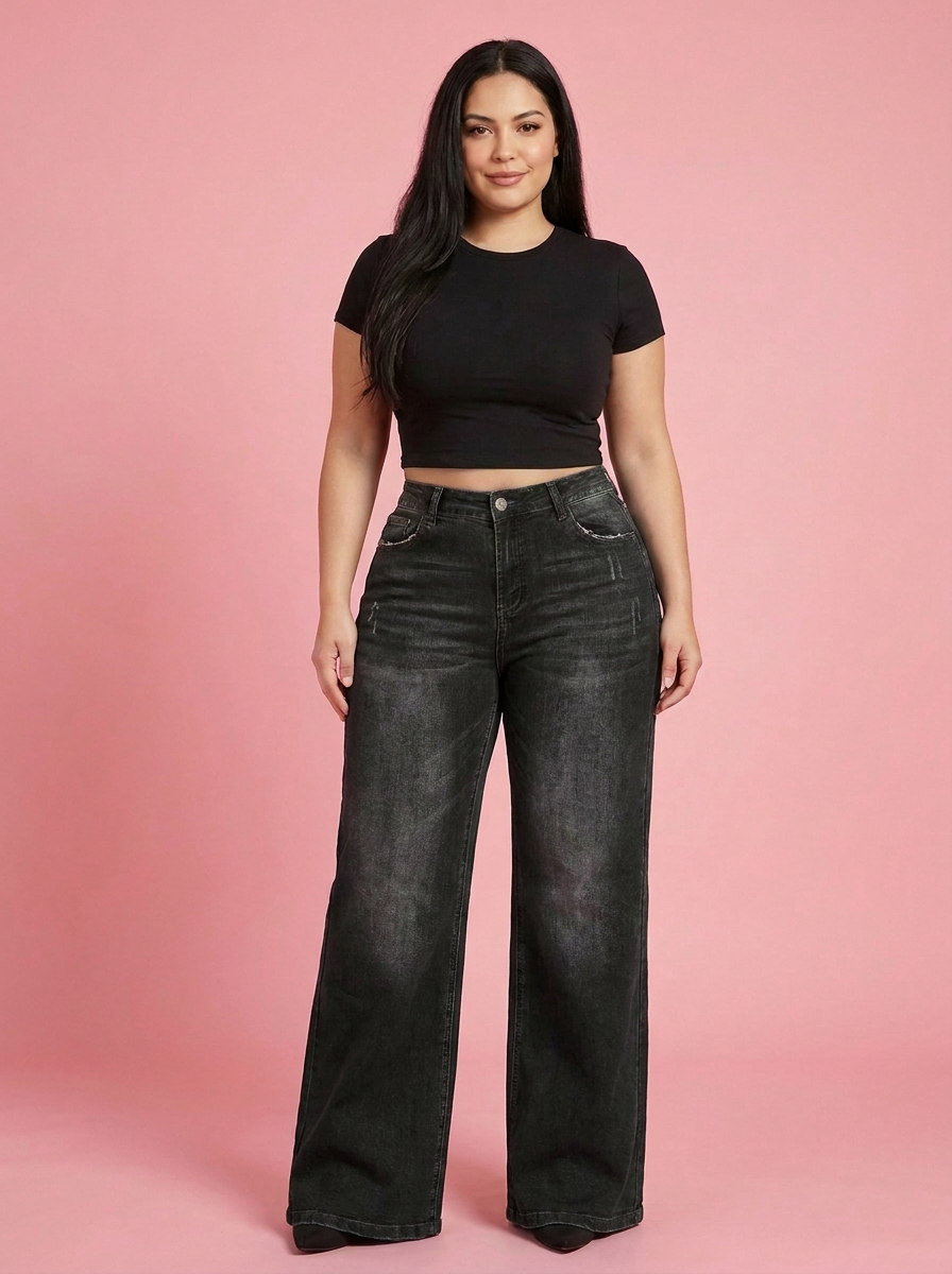 Sculpt Wide Leg BBL Jean in Black, front view