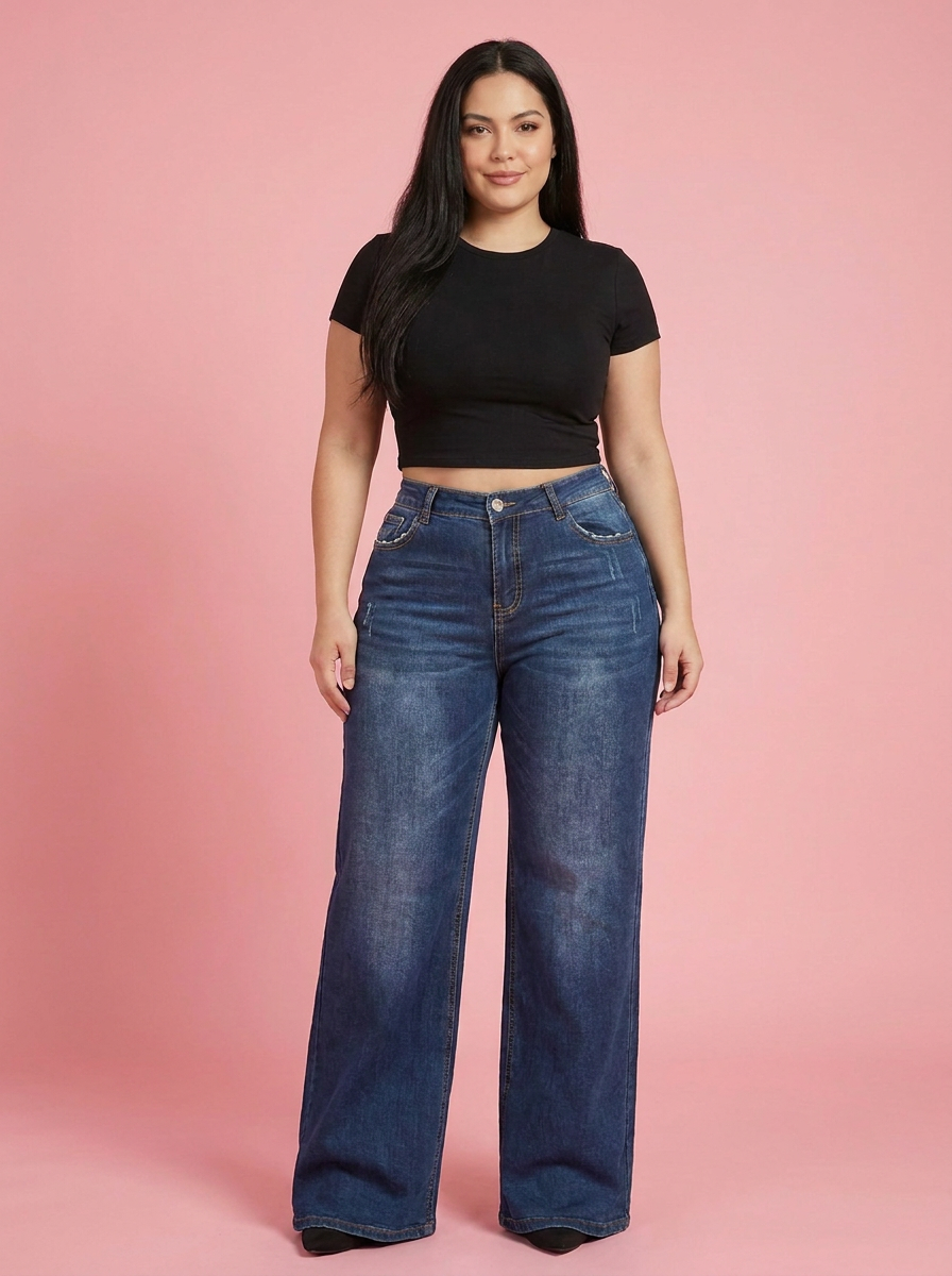 Sculpt Wide Leg BBL Jean in Dark blue, front view showing the straight wide leg