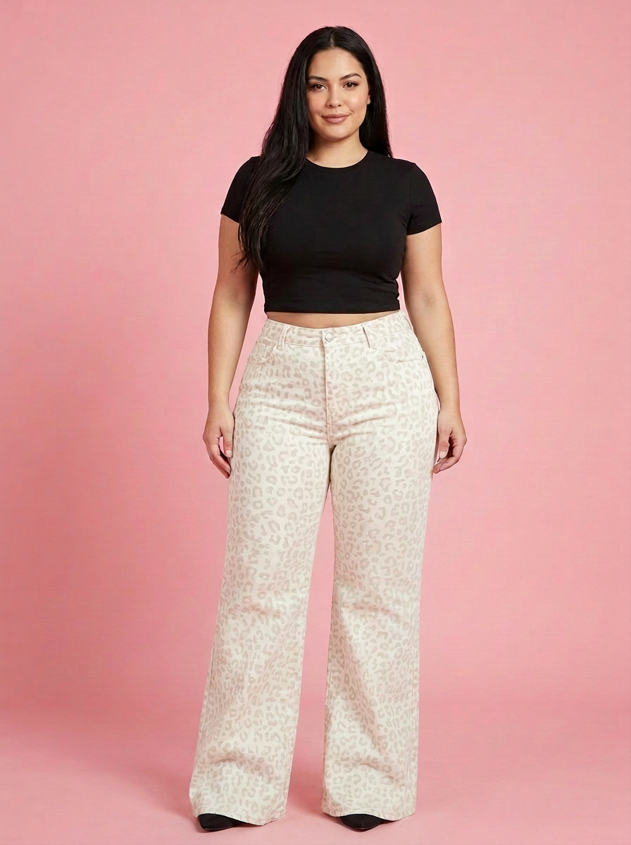Sculpt Wide Leg BBL Jean in White leopard, front view