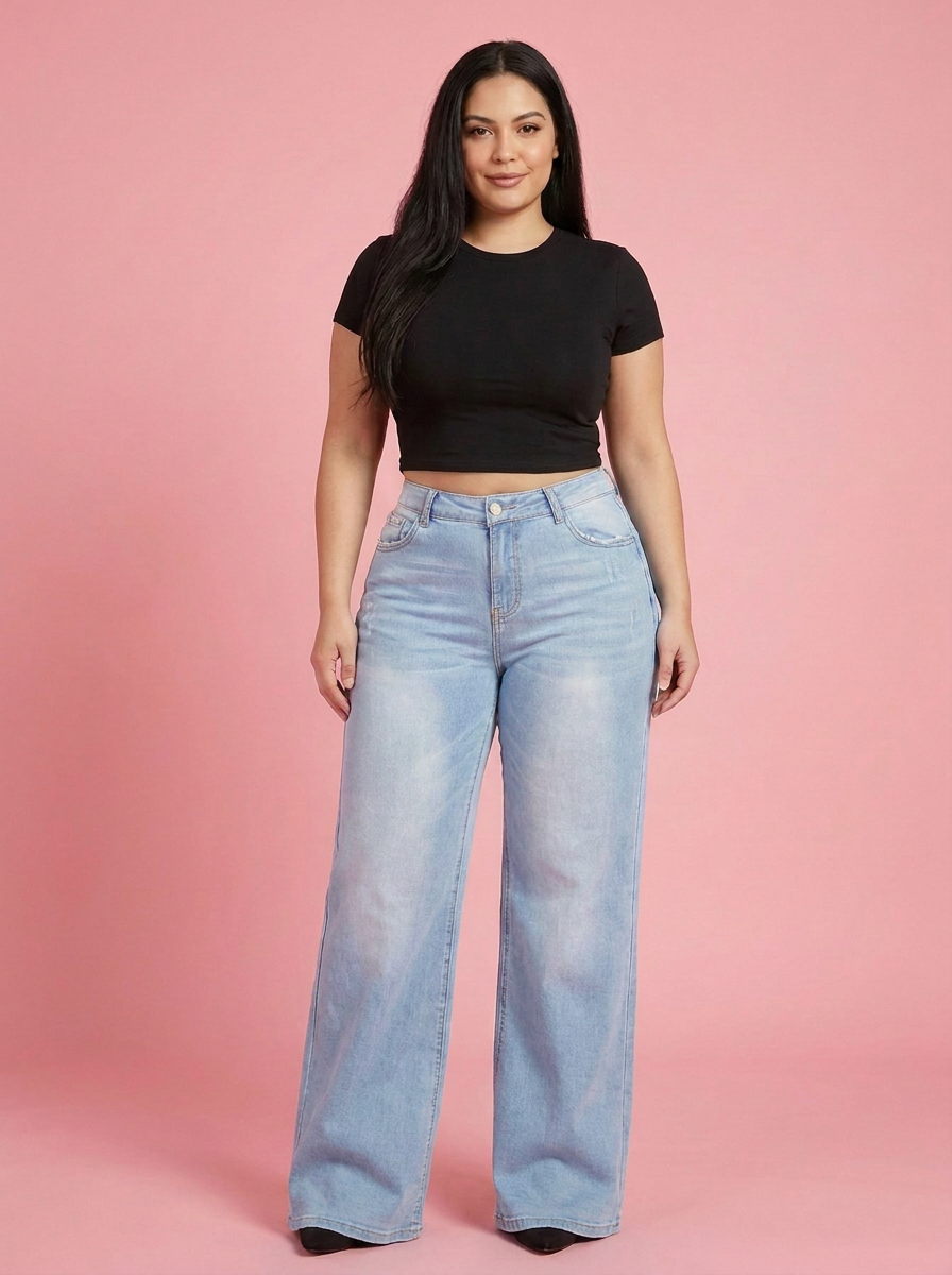 Sculpt Wide Leg BBL Jean in Light blue, front view