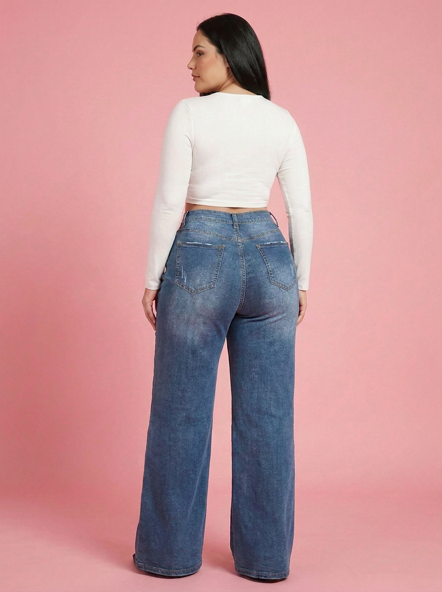 Sculpt Wide Leg BBL Jean in Mid blue, back view
