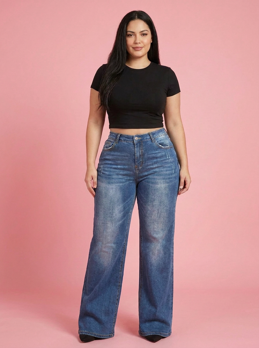 Sculpt Wide Leg BBL Jean in Mid blue, front view