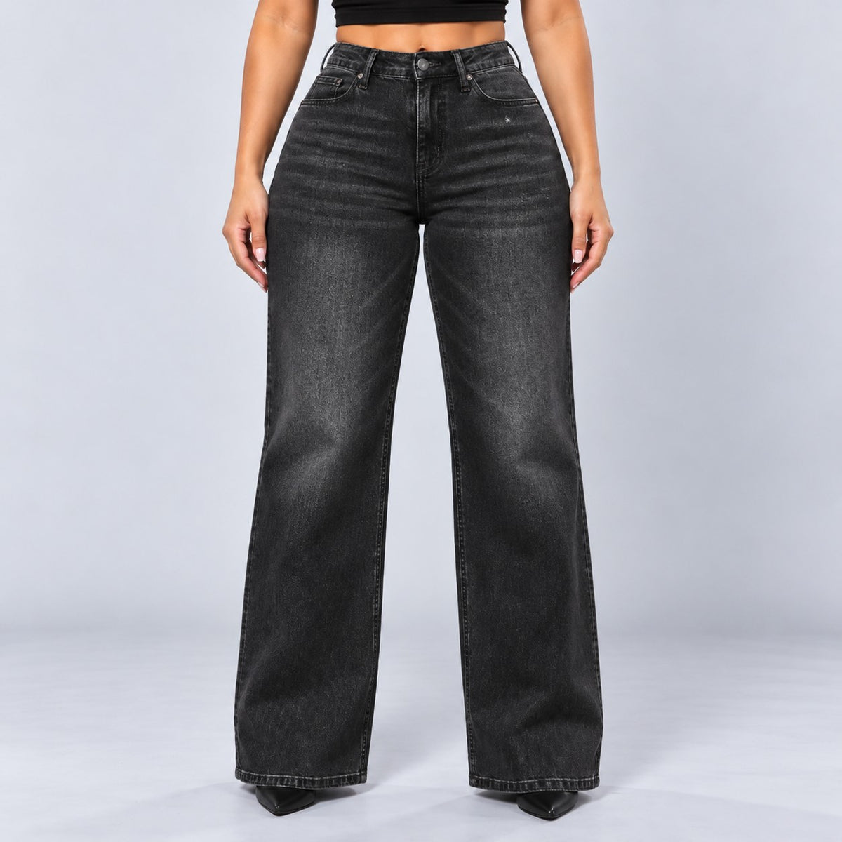Sculpt Wide Leg BBL jean in black, front view