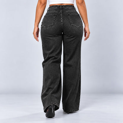 Sculpt Wide Leg BBL jean in black, walking back view
