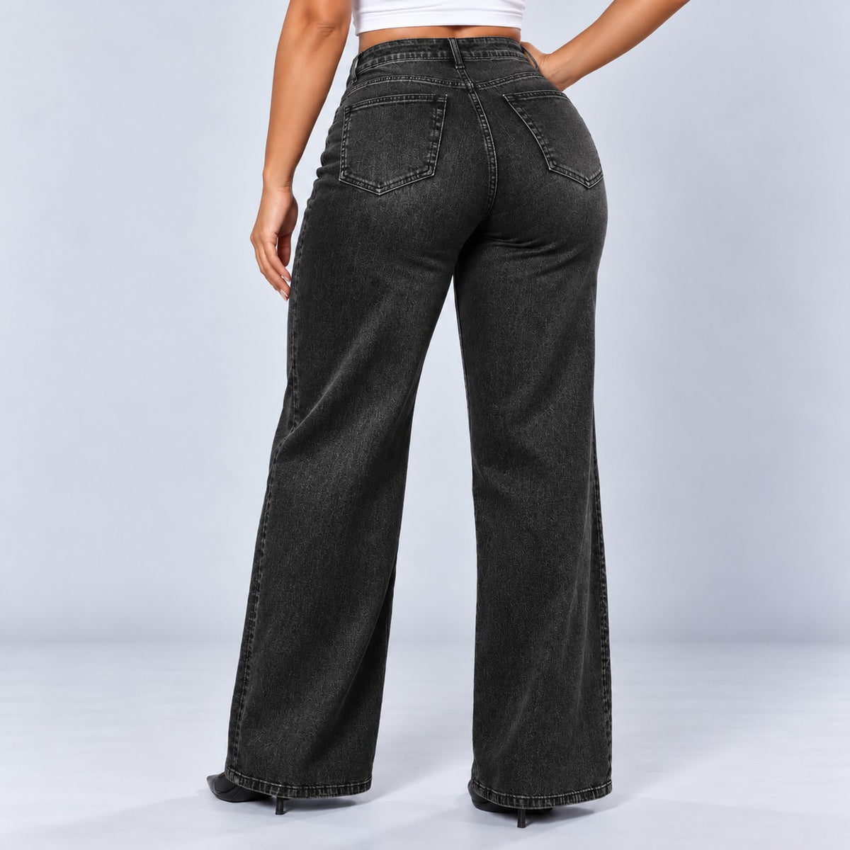 Sculpt Wide Leg BBL jean in black, back view, hand on hip