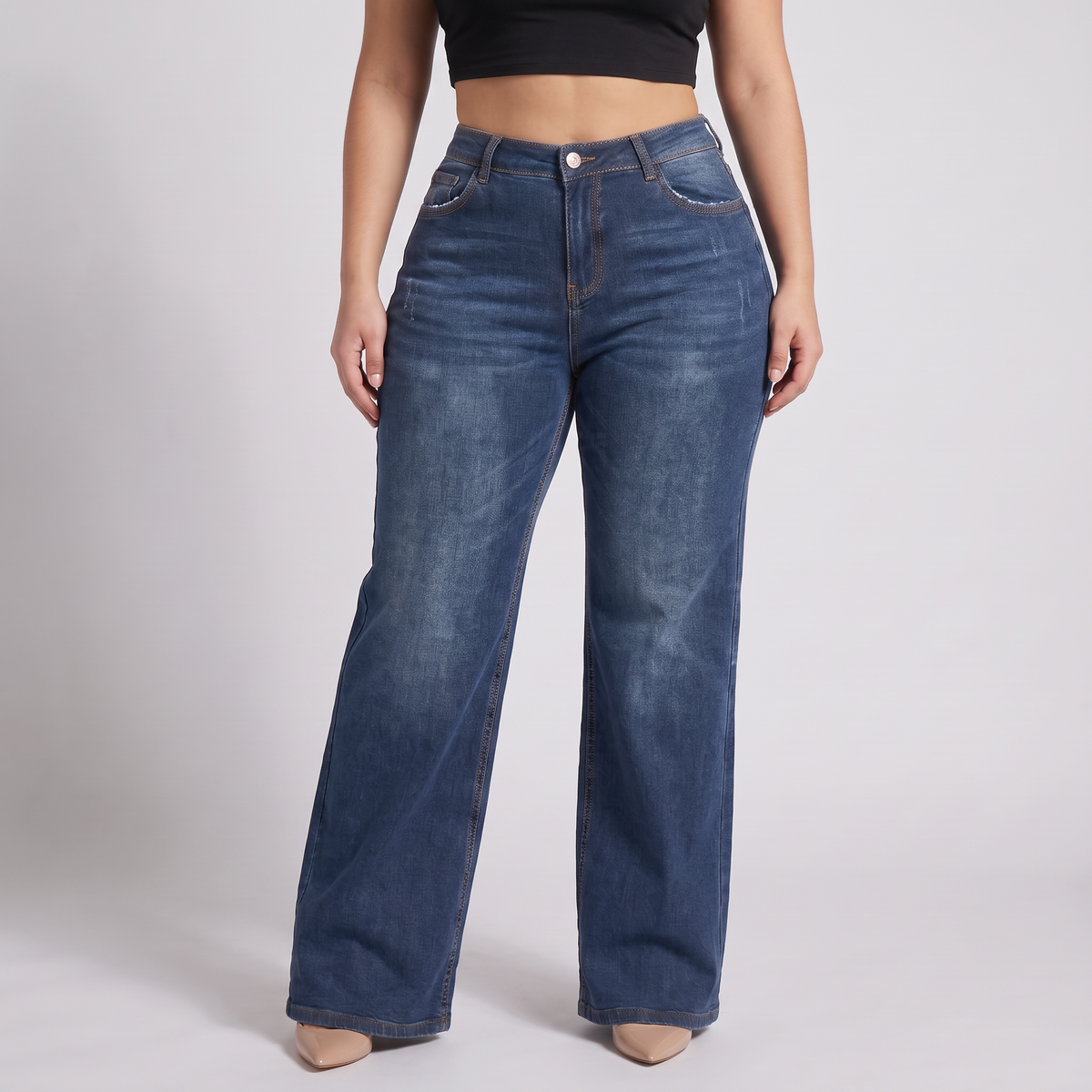 Sculpt Wide Leg BBL jean in dark blue, front view