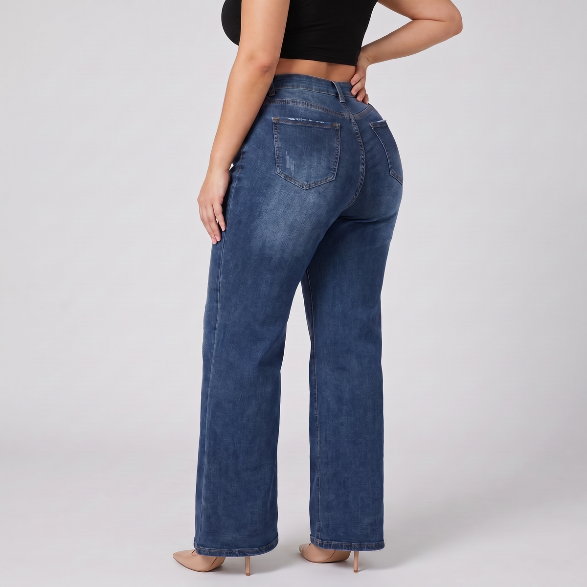 Sculpt Wide Leg BBL jean in dark blue, three-quarter back view