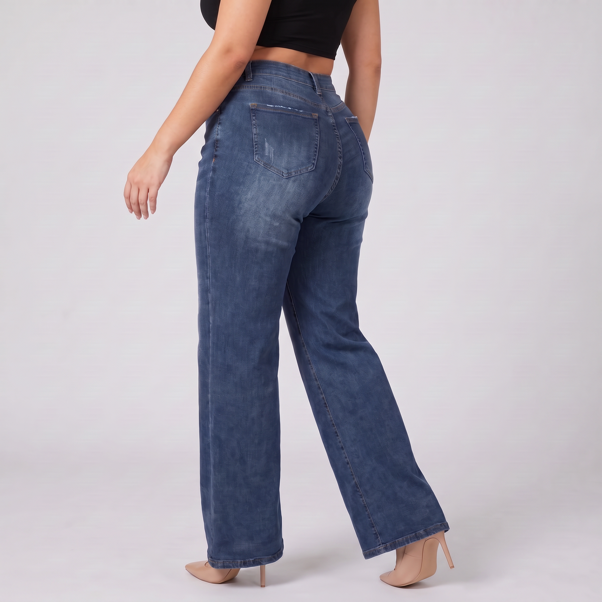 Sculpt Wide Leg BBL jean in dark blue, walking three-quarter back view