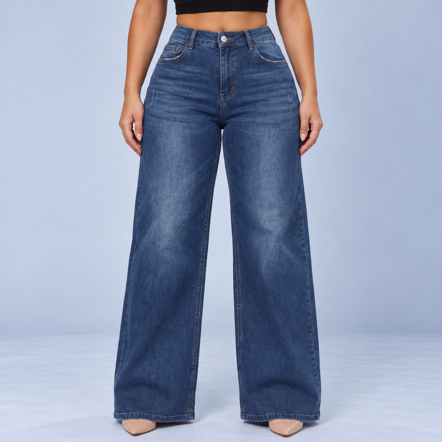 Sculpt Wide Leg BBL jean in dark blue, front view