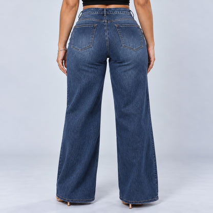 Sculpt Wide Leg BBL jean in dark blue, back view