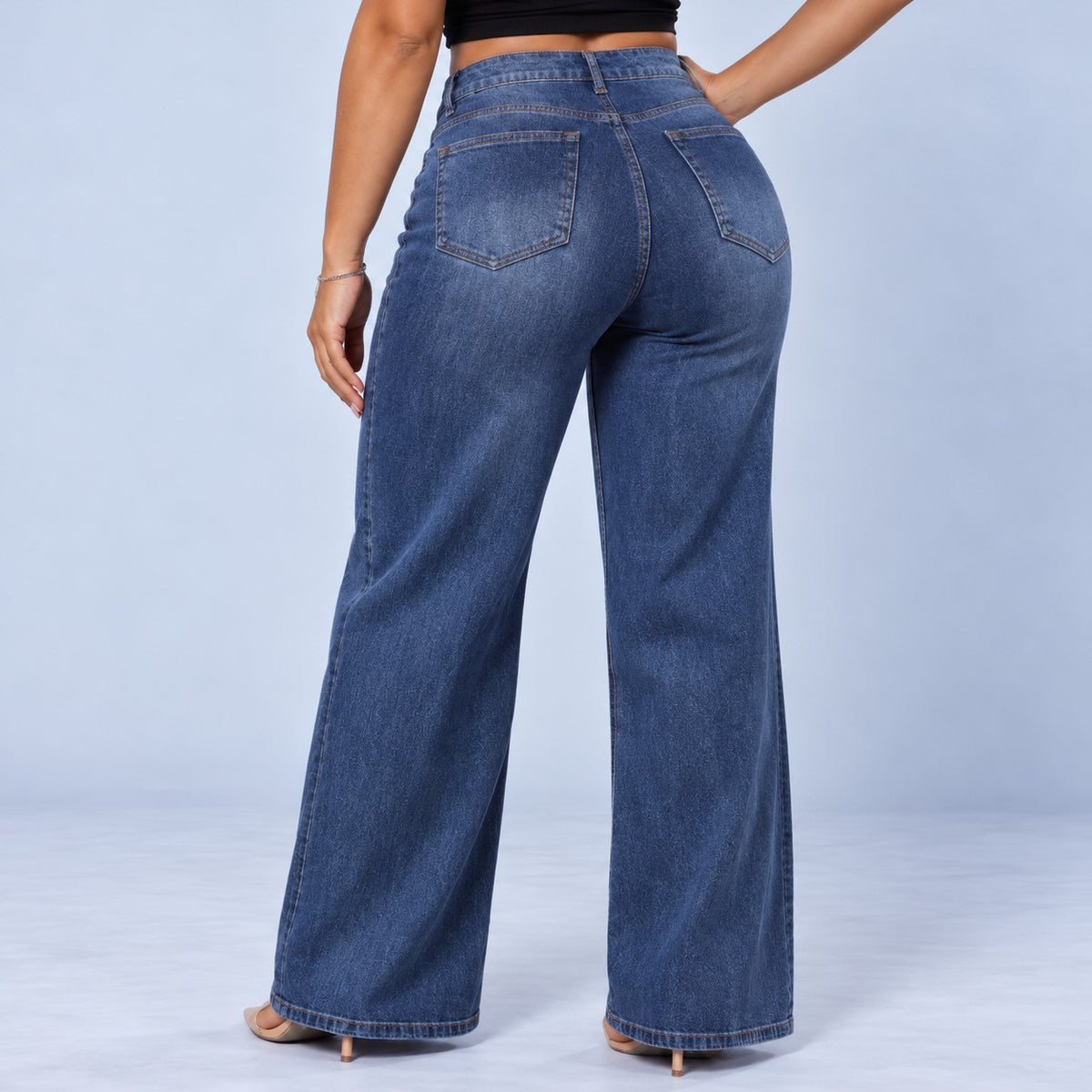 Sculpt Wide Leg BBL jean in dark blue, three-quarter back view