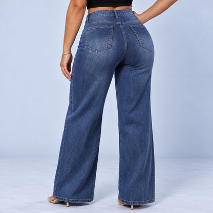 Sculpt Wide Leg BBL jean in dark blue, three-quarter back view
