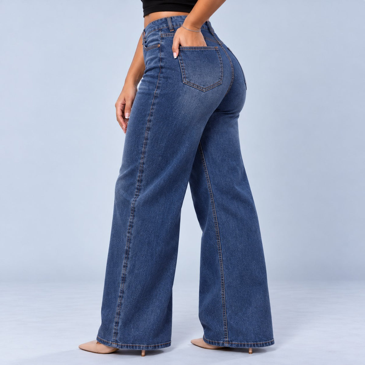 Sculpt Wide Leg BBL jean in dark blue, back view, hand in pocket