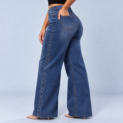 Sculpt Wide Leg BBL jean in dark blue, back view, hand in pocket
