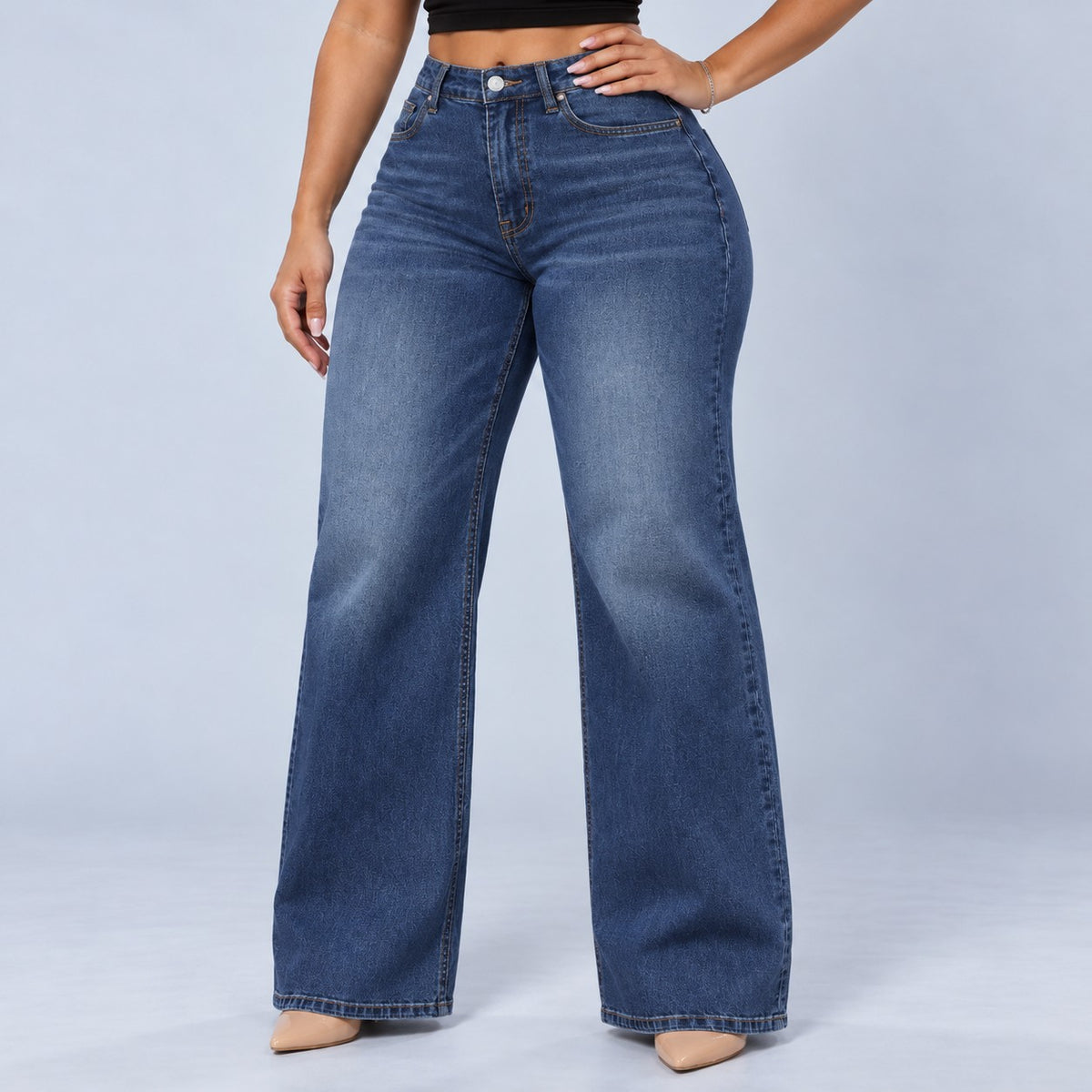 Sculpt Wide Leg BBL jean in dark blue, front view, hand on hip