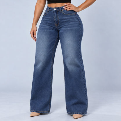 Sculpt Wide Leg BBL jean in dark blue, front view, hand on hip