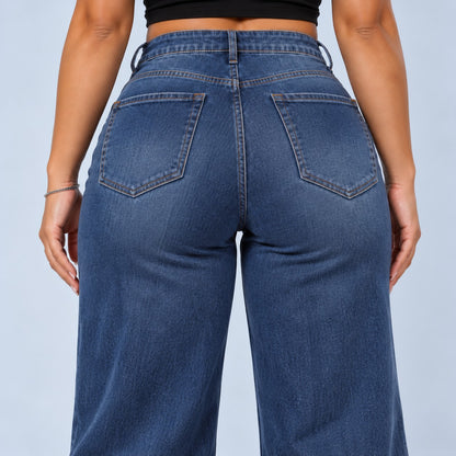 Sculpt Wide Leg BBL jean in dark blue, back close-up