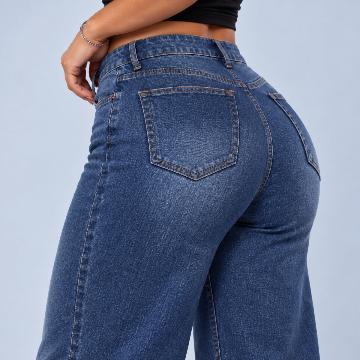 Sculpt Wide Leg BBL jean in dark blue, three-quarter back close-up