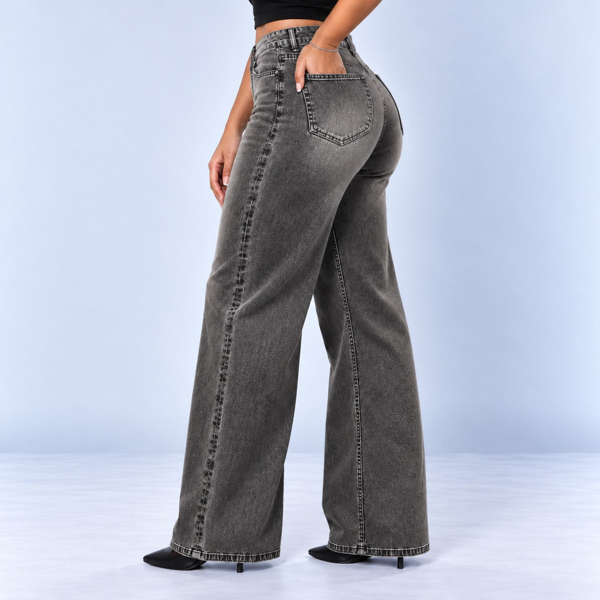 Sculpt Wide Leg BBL jean in grey, three-quarter back view