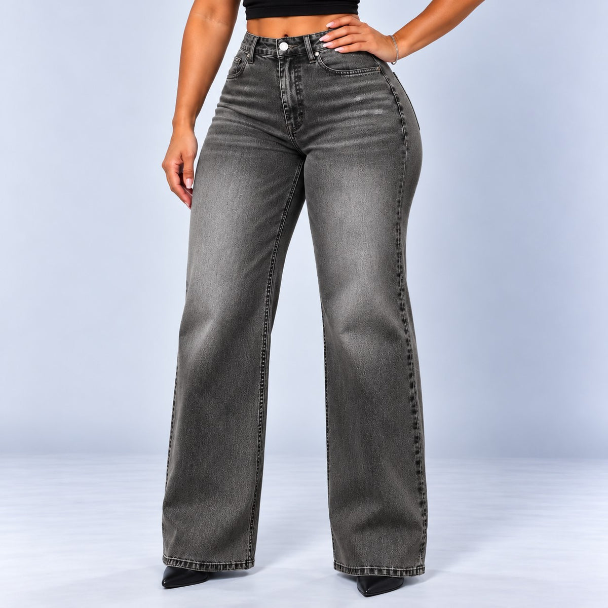 Sculpt Wide Leg BBL jean in grey, front view, hand on hip