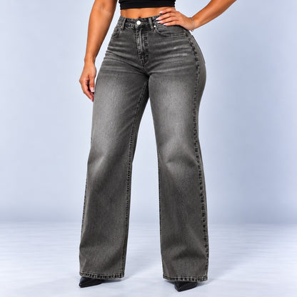 Sculpt Wide Leg BBL jean in grey, front view, hand on hip
