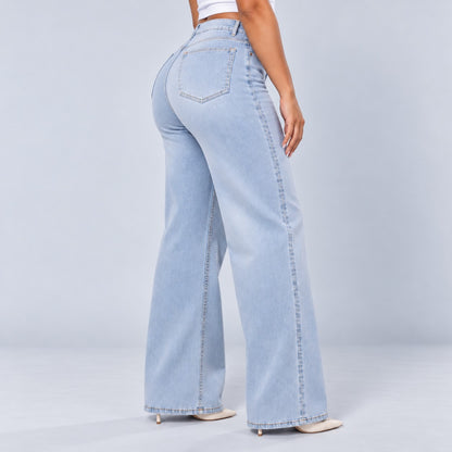 Sculpt Wide Leg BBL jean in light blue, three-quarter back view