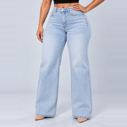 Sculpt Wide Leg BBL jean in light blue, front view, hand on hip