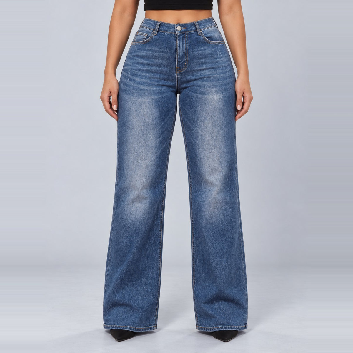 Sculpt Wide Leg BBL jean in mid blue, front view