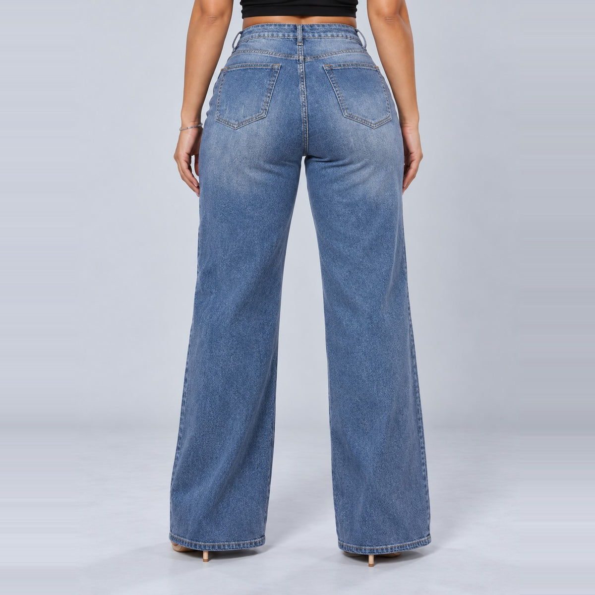 Sculpt Wide Leg BBL jean in mid blue, back view