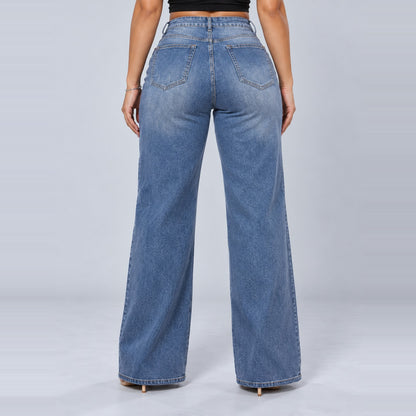 Sculpt Wide Leg BBL jean in mid blue, back view
