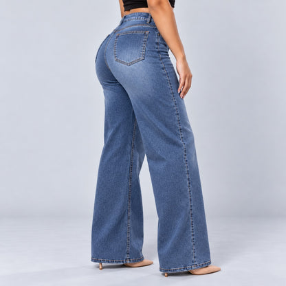 Sculpt Wide Leg BBL jean in mid blue, three-quarter back view