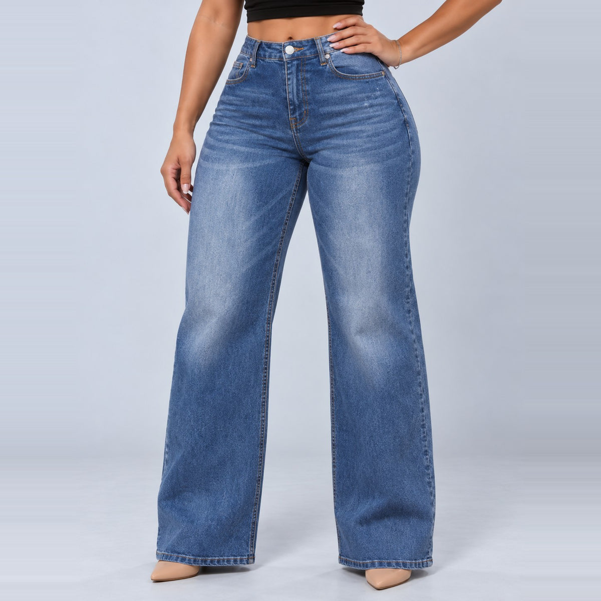 Sculpt Wide Leg BBL jean in mid blue, front view, hand on hip