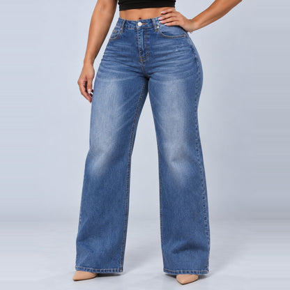 Sculpt Wide Leg BBL jean in mid blue, front view, hand on hip