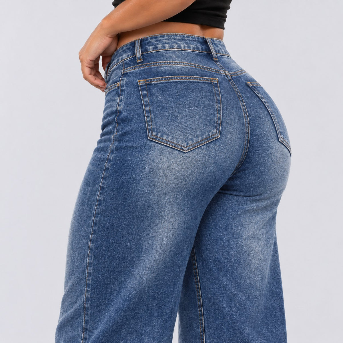 Sculpt Wide Leg BBL jean in mid blue, three-quarter back close-up