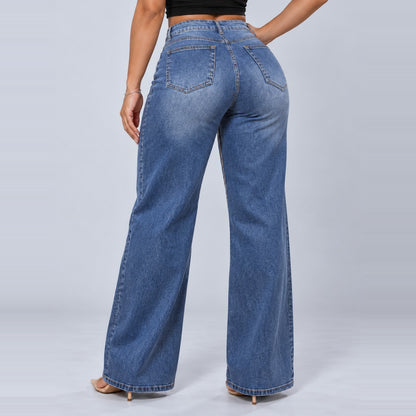Sculpt Wide Leg BBL jean in mid blue, back view, hand on hip