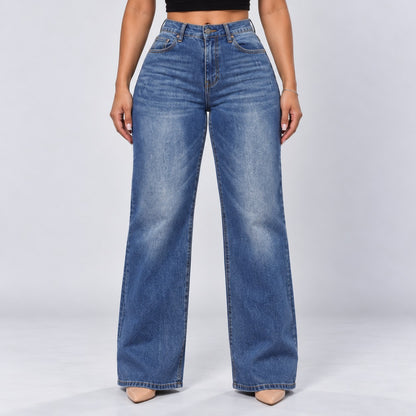 Sculpt Wide Leg BBL jean in mid blue, front view, relaxed