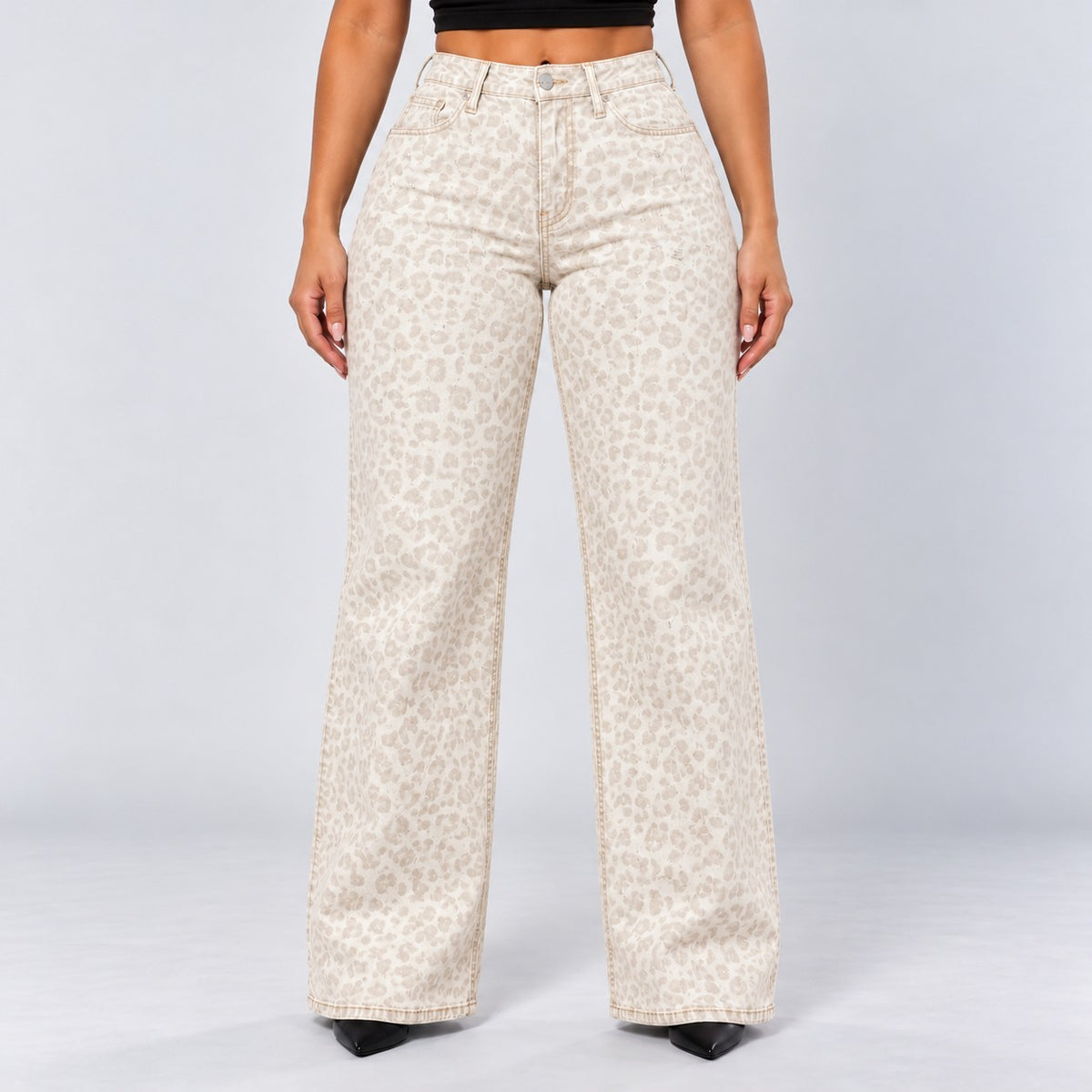 Sculpt Wide Leg BBL jean in white leopard, front view